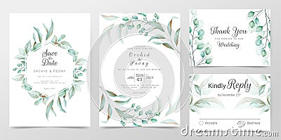 Eucalyptus wedding invitation cards template with watercolor herbs leaves decorative. Greenery floral frame save the date Vector Illustration
