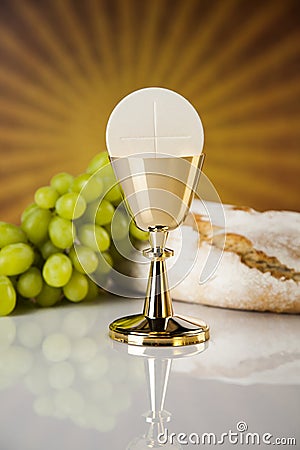 Eucharist symbol of bread and wine, chalice and host, First comm Stock Photo