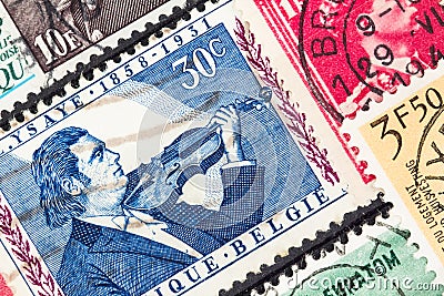 Eugene Ysaye and Violin on Belgie Postage Stamp Editorial Stock Photo