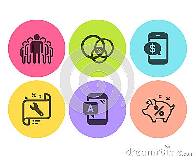 Euler diagram, Ab testing and Phone payment icons set. Spanner, Group and Loan percent signs. Vector Vector Illustration