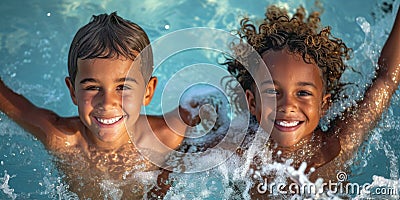 Euphoric Children Of Diverse Ethnicities Exude Bliss, Delighting In Pool Activities, Ample Room For Text Stock Photo
