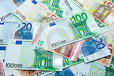 Pile of EUR banknotes in 10, 20, 50, and 100 Stock Photo