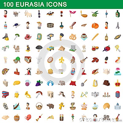 100 eurasia icons set, cartoon style Vector Illustration