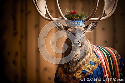 Eurasian elk wearing Sweden national dress or clothes, Generative AI Stock Photo