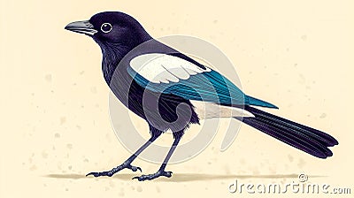 Eurasian magpie bird standing on the ground illustration Stock Photo