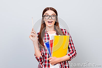 Eureka! Have an idea! Success concept. Young cute female student Stock Photo