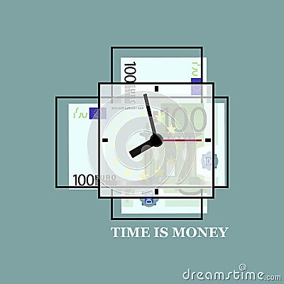 100. Euro banknotes, bills. Clock. Time is money. Several euros with a dial on a green matte background. Emblem Vector Illustration