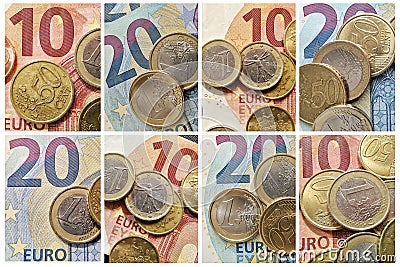 10 and 20 euro banknotes and coins collage Stock Photo