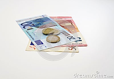 Euro banknotes with coins Stock Photo