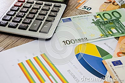 Euro banknotes, dollars, calculator and business graph on a wooden table. Stock Photo
