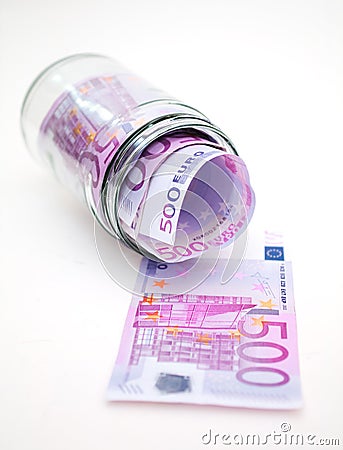 Euro banknotes in money jar Stock Photo