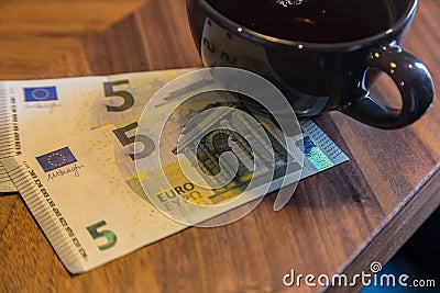 Euro banknotes, bill checking or Money tips. Stock Photo