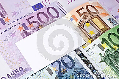 Euro bills and blank business, thank you, or greeting card Stock Photo