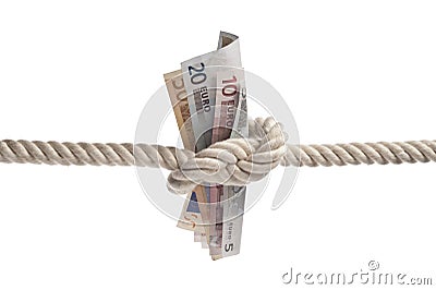 Euro bills tied with rope Stock Photo