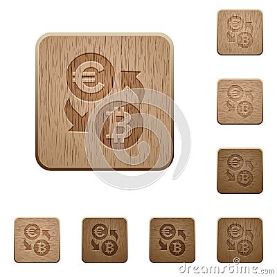 Euro Bitcoin money exchange wooden buttons Stock Photo