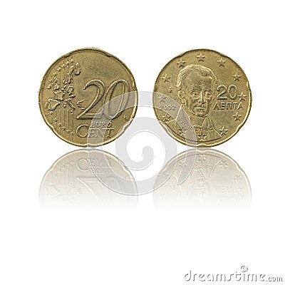 20 Euro cent coin isolated on white background with reflection Stock Photo