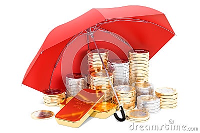Euro coins and golden ingots under umbrella, financial insurance Stock Photo