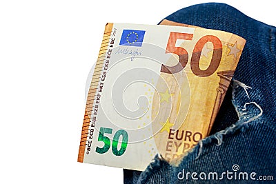 Euro in a denim hole Stock Photo