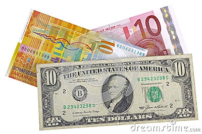 Euro, dollar and franc Stock Photo