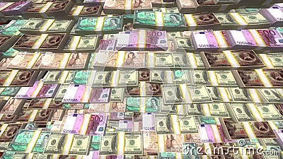 Euro, dollar and yen cash, money lying in bundles, global financial crisis Editorial Stock Photo