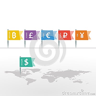 Euro Dollar Yen Yuan Bitcoin Ruble Pound Mainstream Currencies Symbols on Flag Sign on World Map Vector Illustration