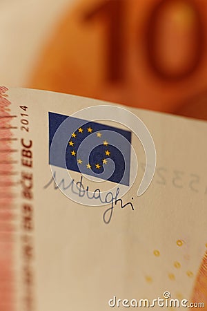 Euro flag on a euro note Stock Photo