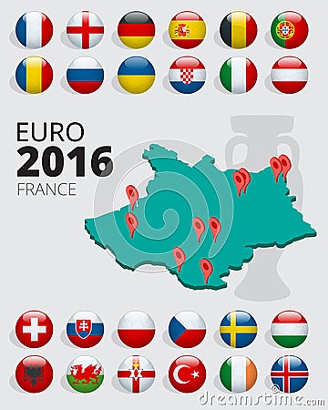 Euro 2016 in France. Flags of European countries participating to the final tournament of Euro 2016 football Vector Illustration