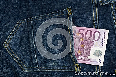 Euro in jeans pocket. Five hundred bill. 500 banknote Stock Photo