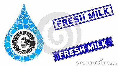 Euro Liquid Drop Mosaic and Distress Rectangle Fresh Milk Seals Vector Illustration