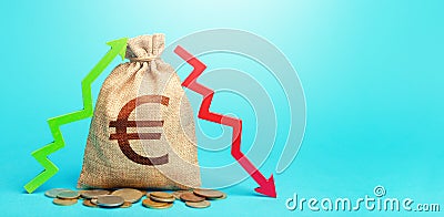 Euro money bag and two arrows of profit loss. Income expense concept. Debit and credit. Capital movement. Budget implementation. Stock Photo