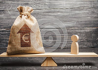 Euro money bag with up arrow and man figurine on scales. The average salary in the labor market, pricing. Criteria Stock Photo