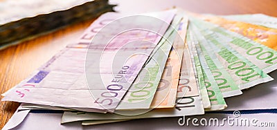 Euro Money Banknotes. Euro banknotes as part of the united country`s payment system. Currency. Cash money on the table. The europe Stock Photo