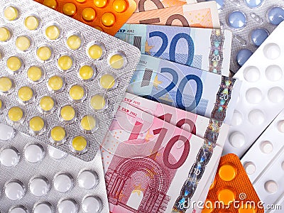 Euro money bills and pills Stock Photo