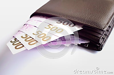 500 Euro money in brown wallet. Cash of euro currency. Bundle of Euro money. Europe money Stock Photo