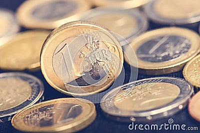 Euro money. Coins are on a dark background. Currency of Europe. Balance of money. Stock Photo