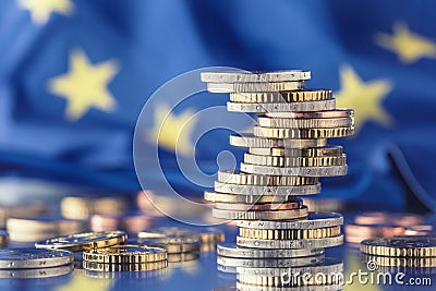 Euro money.Euro Flag.Euro currency.Coins stacked on each other i Stock Photo