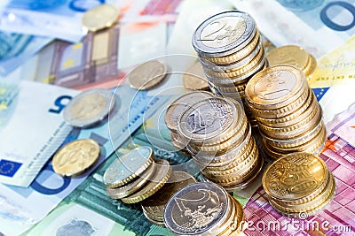Euro money stacks and bills Stock Photo