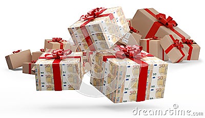 50 euro money wrapped brown packages delivery boxes 3d-illustration Cartoon Illustration