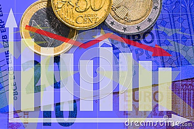 Euro notes and coins with diagram Stock Photo