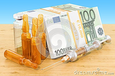 Euro packs with syringe and ampules on the wooden table. 3D rend Stock Photo