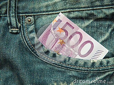 500 euro in the pocket of jeans... Stock Photo