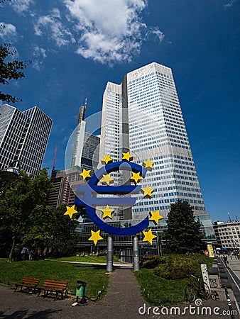 Euro sculpture sign money currency symbol at Eurotower former European Central Bank in Frankfurt am Main Hesse Germany Editorial Stock Photo
