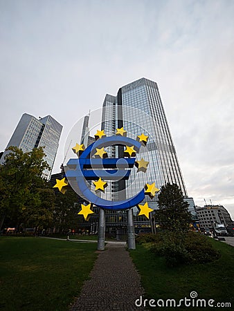 Euro sculpture sign money currency symbol at Eurotower former European Central Bank in Frankfurt am Main Hesse Germany Stock Photo