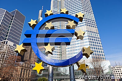 Euro sign at European Central Bank headquarters in Frankfurt, Germany Editorial Stock Photo