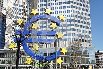 Euro sign in front of the central bank building in Frankfurt am Main, Germany Editorial Stock Photo