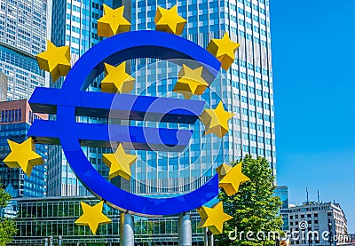 Euro sign in front of Eurotower in Frankfurt, Germany Editorial Stock Photo