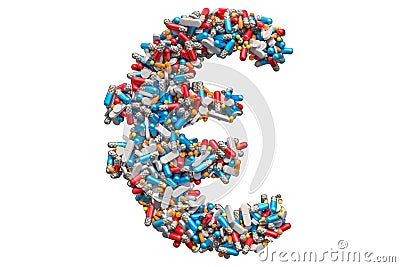 Euro symbol from medicine pills, capsules, tablets. 3D rendering Stock Photo