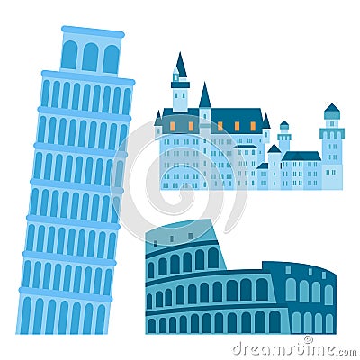 Euro trip tourism travel design famous building and euro adventure international vector illustration. Vector Illustration