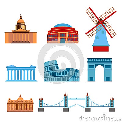 Euro trip tourism travel design famous building and euro adventure international vector illustration. Vector Illustration