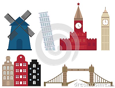 Euro trip tourism travel design famous building and euro adventure international vector illustration. Vector Illustration